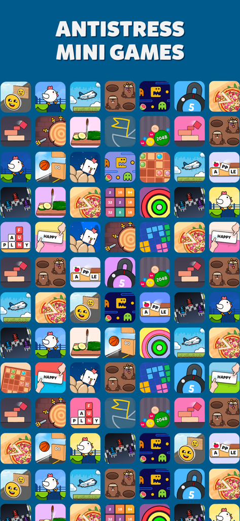 Mini Games: Calm & Relax - 다양한 색상의 아이콘 그리드로 휴식과 스트레스 해소를 위한 안티스트레스 미니 게임 컬렉션을 보여줍니다.