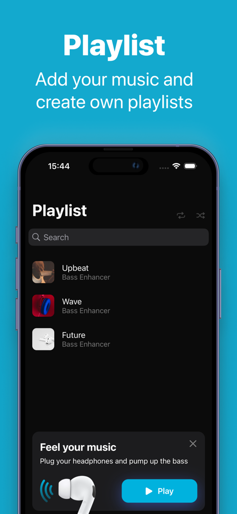 Volume Booster for Spotify - Interfaz de aplicación móvil de Volume Booster mostrando una pantalla de gestión de listas de reproducción con opciones de mejora de graves