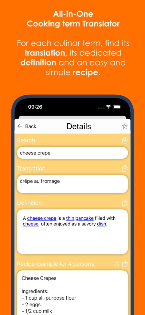 Dictionary of cooking terms app displaying translation and recipe for cheese crepe