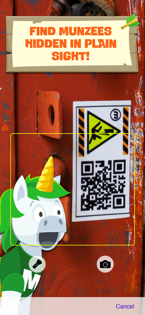 Munzee - Cappy the Unicorn finding a Munzee QR code sticker hidden on a red metal post