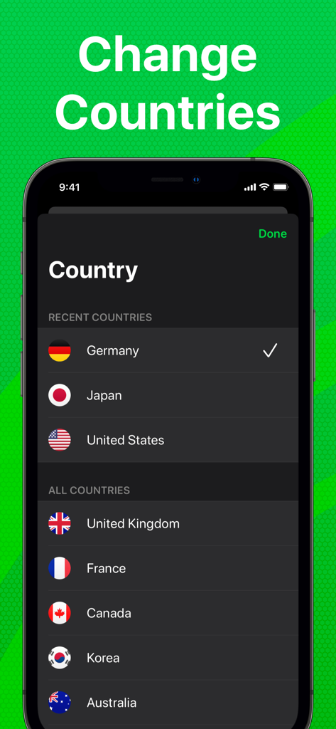 VPNアプリのインターフェース。サーバー選択のための利用可能な国リストが表示されています。