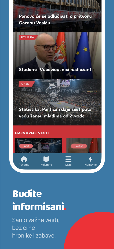 Bez Cenzure - 検閲なしモバイルアプリケーションの政治およびスポーツの見出しを表示するセルビアのニュースアプリインターフェイス