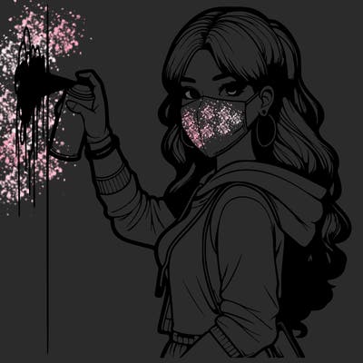 realistic girl with mask spray painting a wall