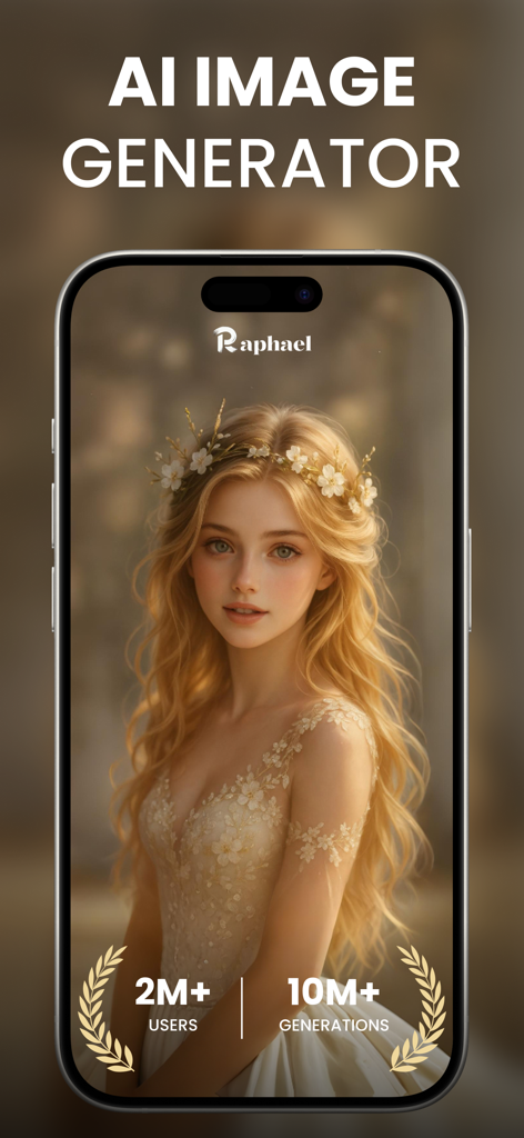 Raphael AI image generator app displaying a high quality digital portrait of a woman with a flower crown