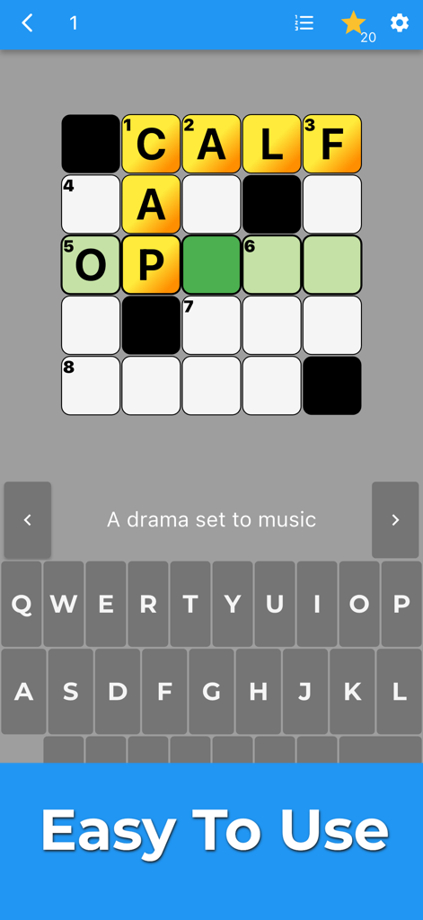 Una captura de pantalla móvil de Crucigramas Ligeros que muestra una pequeña cuadrícula de crucigrama y un teclado con un banner que dice Fácil De Usar.