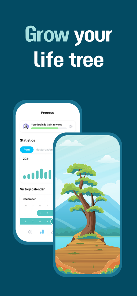 Brainbuddy: Quit Porn Now - Interfaz de la aplicación Brainbuddy que muestra el árbol de la vida y estadísticas de seguimiento del progreso para la reprogramación del cerebro.