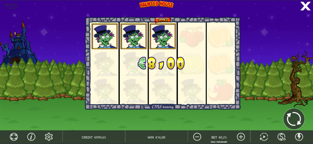 Haunted House - Haunted House slot machine game screen showing monster symbols and a win display