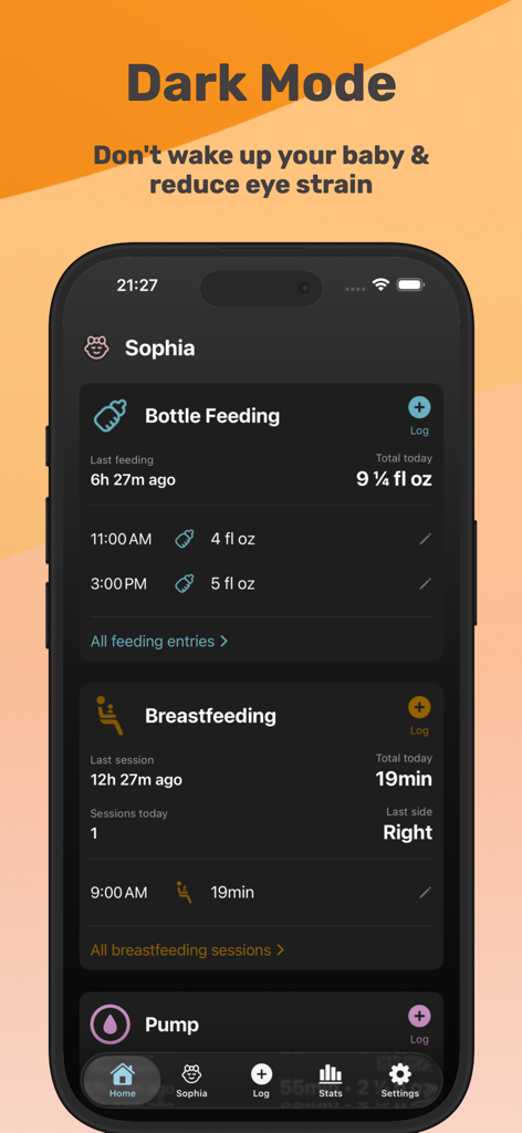 Baby Feeding Tracker NooraBaby - Noora Babyアプリのインターフェース。ダークモードで授乳ログと授乳セッションを表示しています。