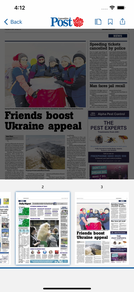 The Lancashire Evening Post - Una réplica digital del periódico The Lancashire Post dentro de una aplicación móvil que muestra un titular sobre una solicitud para Ucrania.