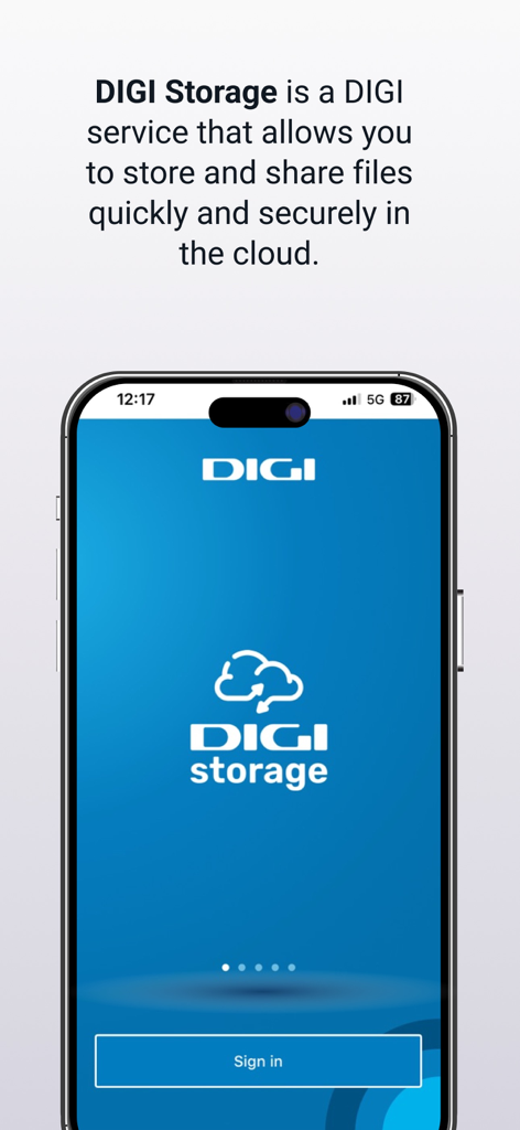 Digi Storage - Digi Storage app welcome screen on an iPhone highlighting cloud storage and file sharing services
