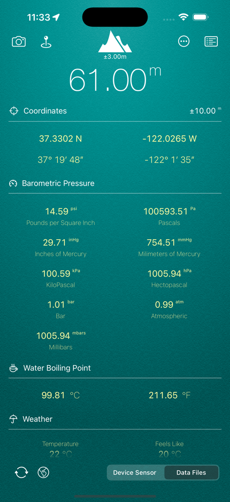 My Altitude - My Altitude app interface displaying altitude coordinates barometric pressure and water boiling point