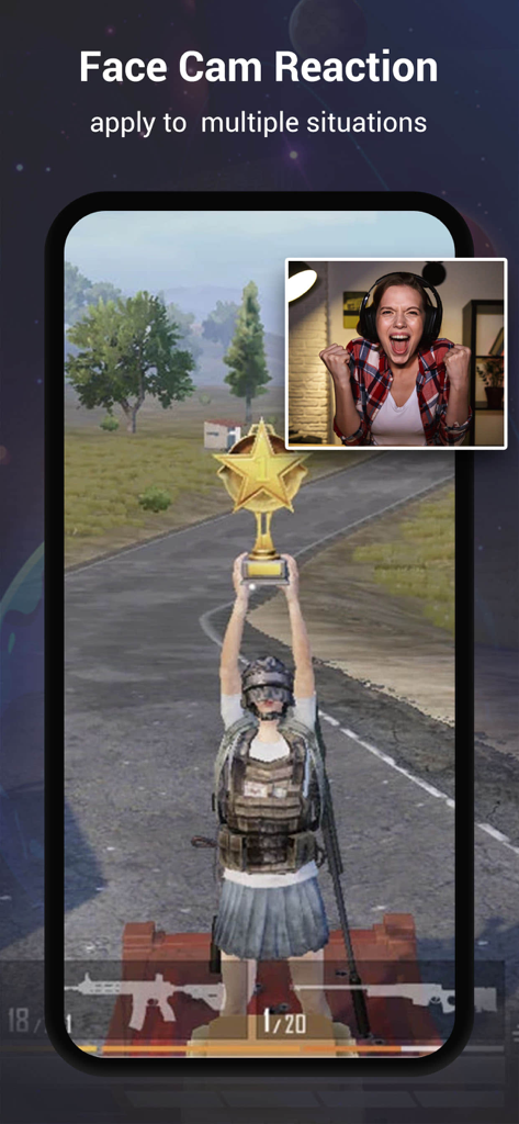 Mobile screen recording of a video game with an active face camera reaction overlay