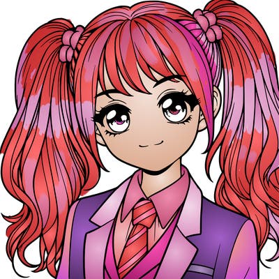 realistic girl with two ponytails and a suit on