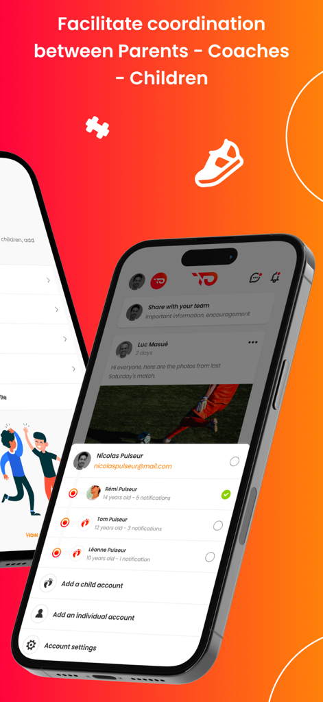 TeamPulse - Team management - TeamPulse app screen displaying parent and child account coordination features for sports teams