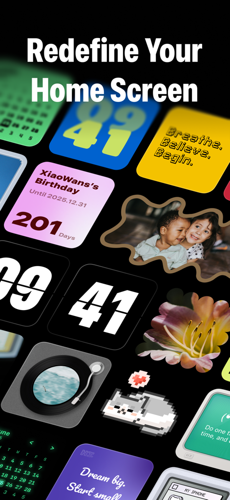 A variety of colorful and aesthetic iOS widgets including a pixel cat digital clock and photo frames
