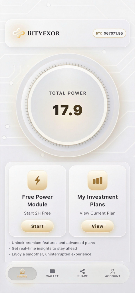 BitVexor: Crypto Rewards - Panel de la aplicación BitVexor que muestra el poder de recompensa y las opciones de inversión