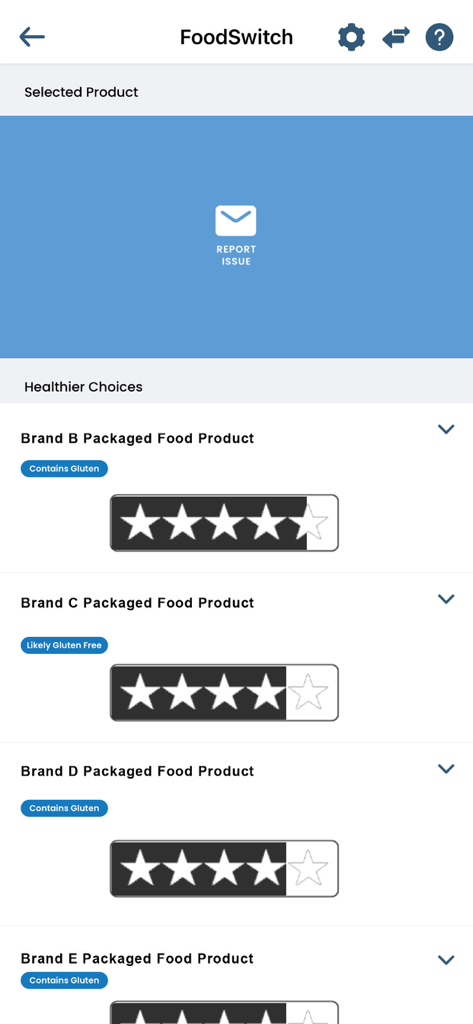 FoodSwitch - FoodSwitch app screen displaying healthier food product alternatives with star ratings and gluten info