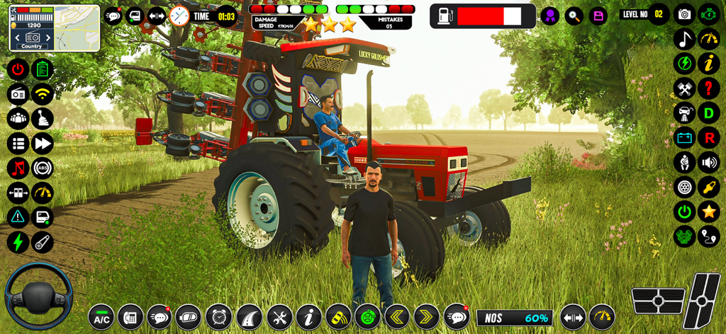 Tochan Tractors & Fields care - Red tractor in a grassy field with farmer characters and mobile game interface