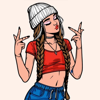 realistic teenage girl with braids and a beanie and crop top doing 🫶🏼