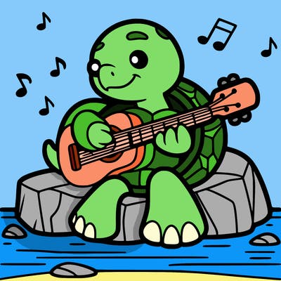 a cartoony turtle playing a guitar whilst sitting on a rock. make it no black fill ins and only lines so i have more to color