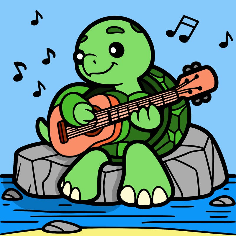 a cartoony turtle playing a guitar whilst sitting on a rock. make it no black fill ins and only lines so i have more to color