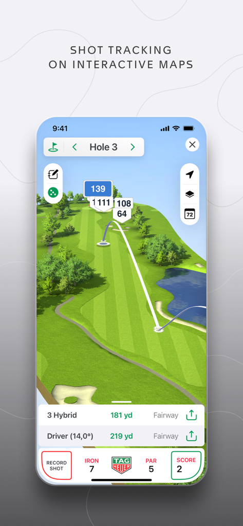 TAG Heuer Golf - GPS & 3D Maps - A high-end 3D interactive golf course map within the TAG Heuer Golf app showing shot trajectories and club distance data.