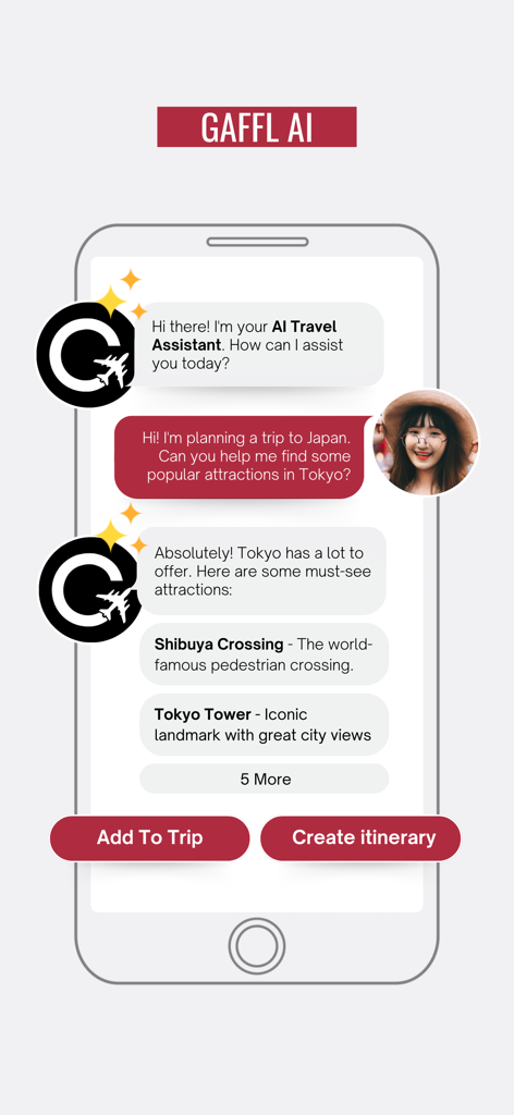 GAFFL - Find A Travel Buddy - Una captura de pantalla del asistente de viajes IA de GAFFL proporcionando recomendaciones de atracciones en Tokio y planificación de itinerarios en una interfaz de chat.