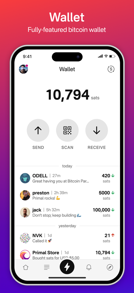 Primal - Interface of the Primal app showing a fully-featured Bitcoin wallet with balance in sats and transaction history.