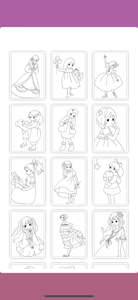 Bejoy Coloring: Sweet Doll - A gallery of diverse girl and doll line drawings for kids to color in the Bejoy Coloring app