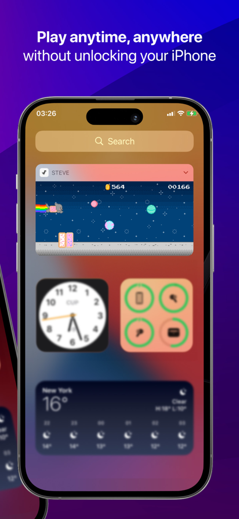 Uno screenshot di un iPhone che mostra lo Steve Widget Dinosaur Game giocato nel centro notifiche con una skin Nyan Cat e grafica pixel art.