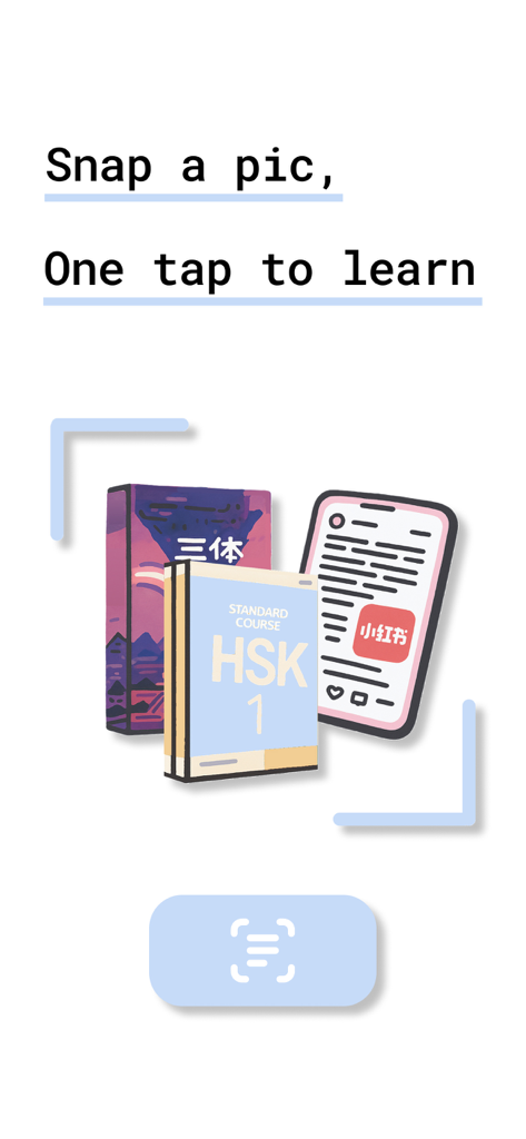 Novli - Learn Chinese - Gráfico mostrando o recurso do aplicativo Novli de tirar uma foto de texto chinês para aprendizado instantâneo