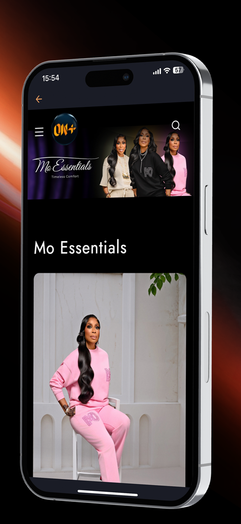 EbonyLife ON Plus app interface showcasing the Mo Essentials premium African fashion collection