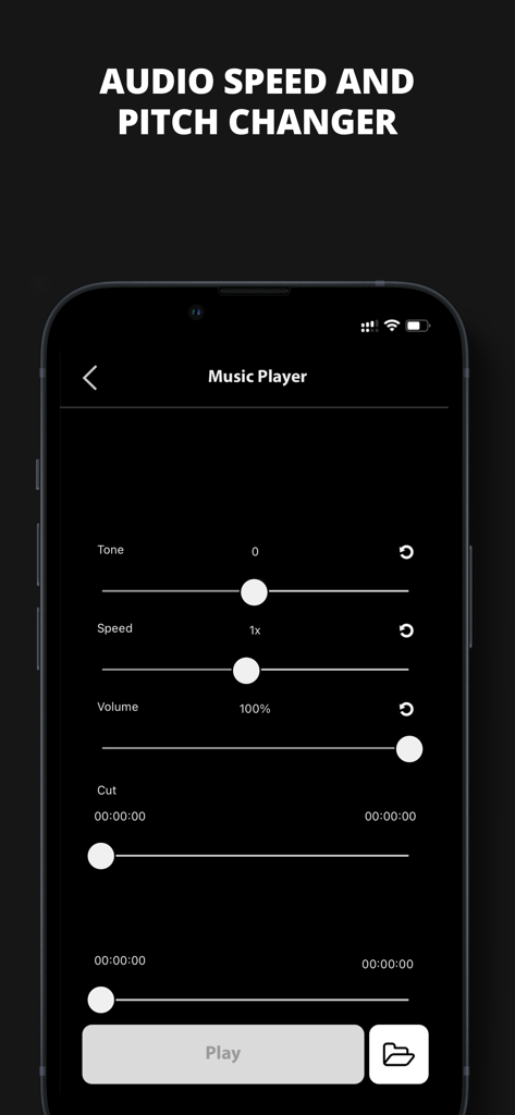 Musical Chord - Musical Chord app interface for adjusting audio speed pitch and volume in the music player