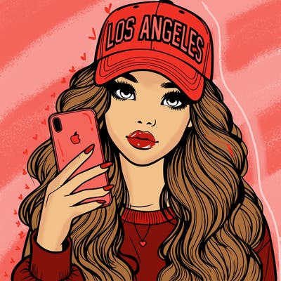 realistic beautiful girl wearing los ángeles cap holding an iphone