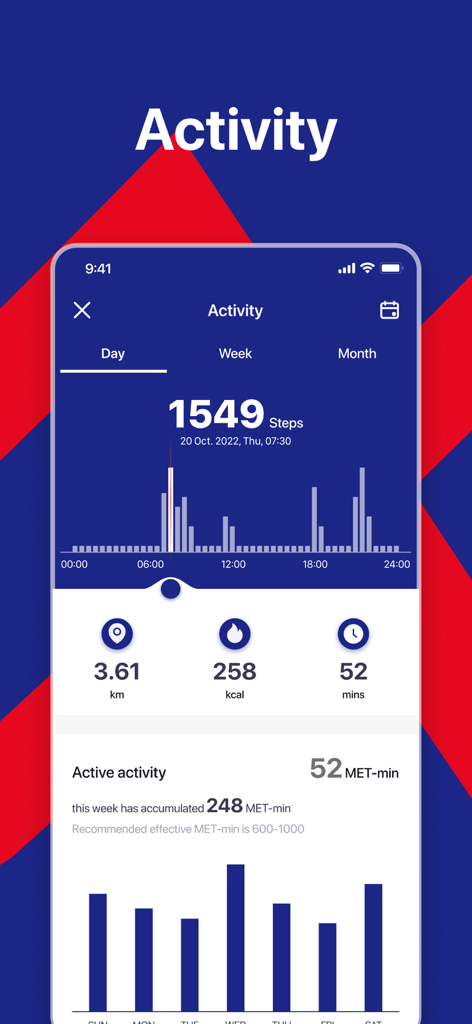 Alpha Smart Watch - Activity dashboard of the Alpha Smart Watch app displaying daily step count, calories burned, and activity charts.