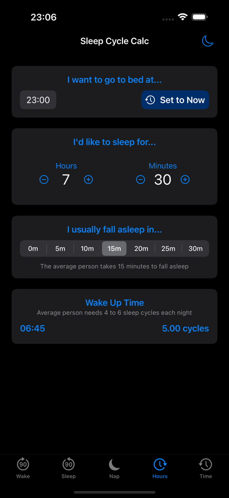 Interfaccia dell'app Sleep Cycle Calc che mostra la schermata di calcolo della durata personalizzata del sonno e dell'ora di risveglio.