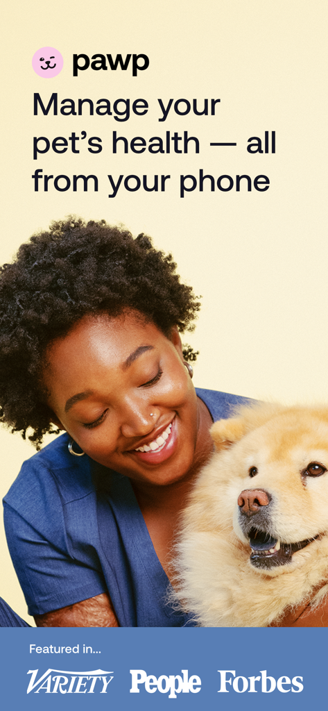 Pawp: 24/7 Vet & Pet Care - Pawpアプリのホーム画面で、24時間年中無休の獣医ケアを宣伝する画面で、ふわふわの犬を抱きしめて笑顔の女性。