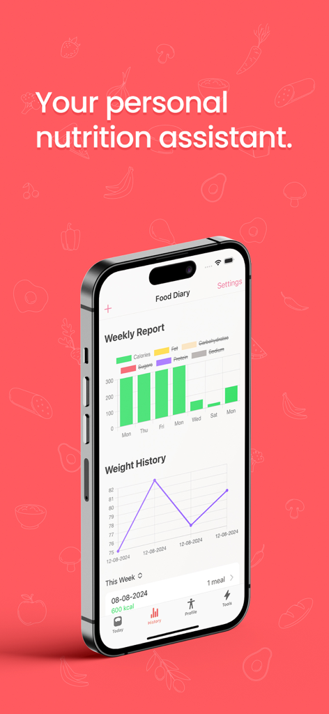 Food Diary - Nutrition Tracker - iPhone screen displaying weekly nutrition reports and weight history charts in the Food Diary app.
