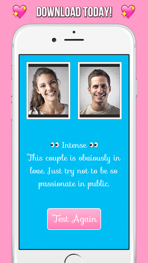 O aplicativo The Love Test exibindo um resultado de compatibilidade para um casal com fotos e um veredito