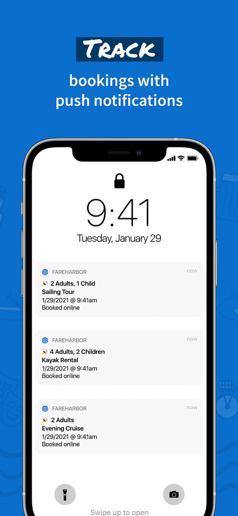 FareHarbor - Smartphone lock screen displaying real-time booking notifications for tours and activities through the FareHarbor app.