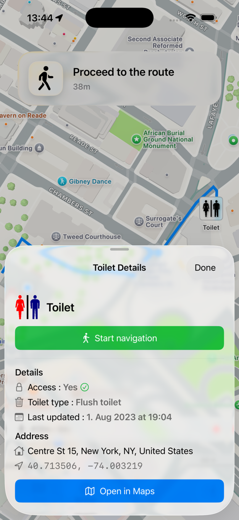Toilet Finder app interface showing navigation and facility details for a flush toilet in New York City