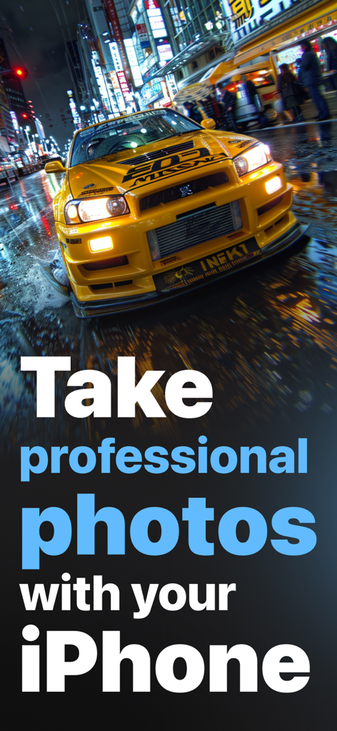 Un coche deportivo amarillo en una calle de ciudad lluviosa por la noche con texto anunciando fotografía profesional para iPhone con Snap Pro Camera