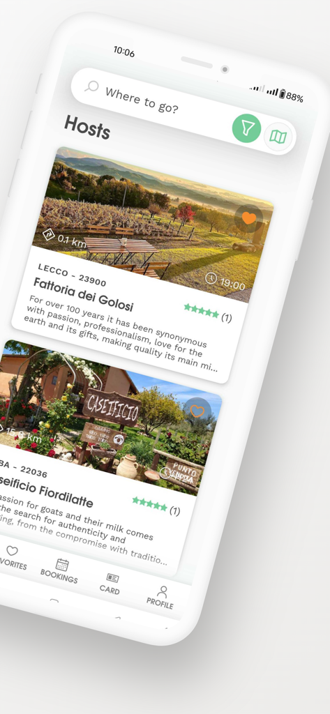 Agricamper Italia - Interfaccia dell'app mobile Agricamper Italia che mostra host di fattorie e cantine per viaggiatori in camper