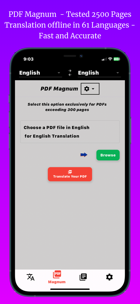 PDF Language Translator - PDF Language Translator app interface showing large file translation feature.
