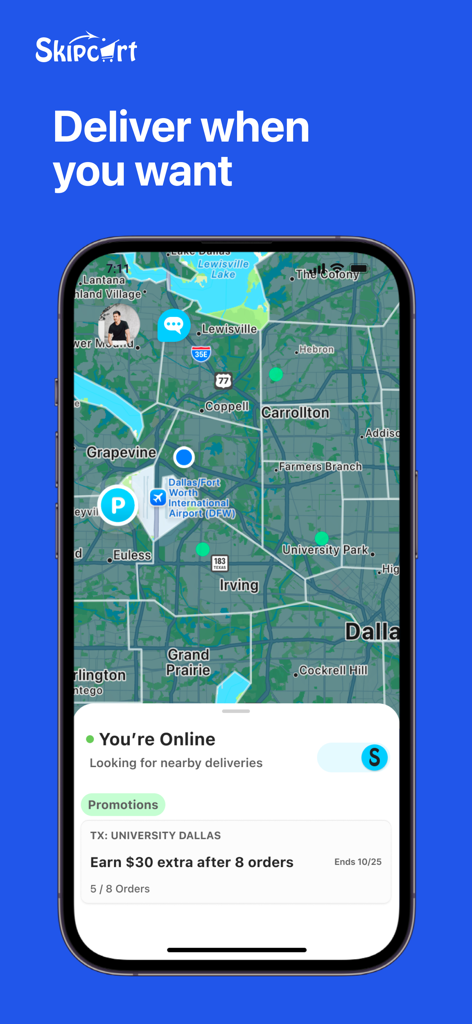 Skipcart Delivery Driver - Pantalla de la aplicación de conductor de Skipcart que muestra un mapa en tiempo real y promociones de entrega