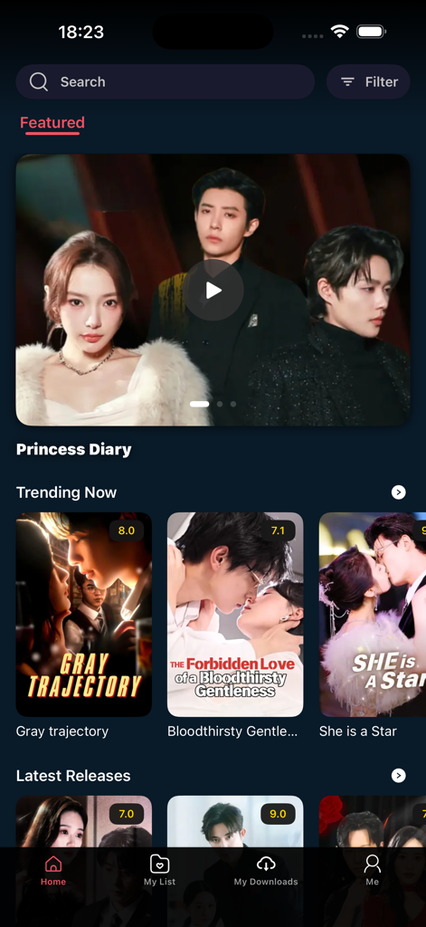 Home screen of the MovieBox HD app featuring trending short dramas and movies with a search bar and navigation menu.
