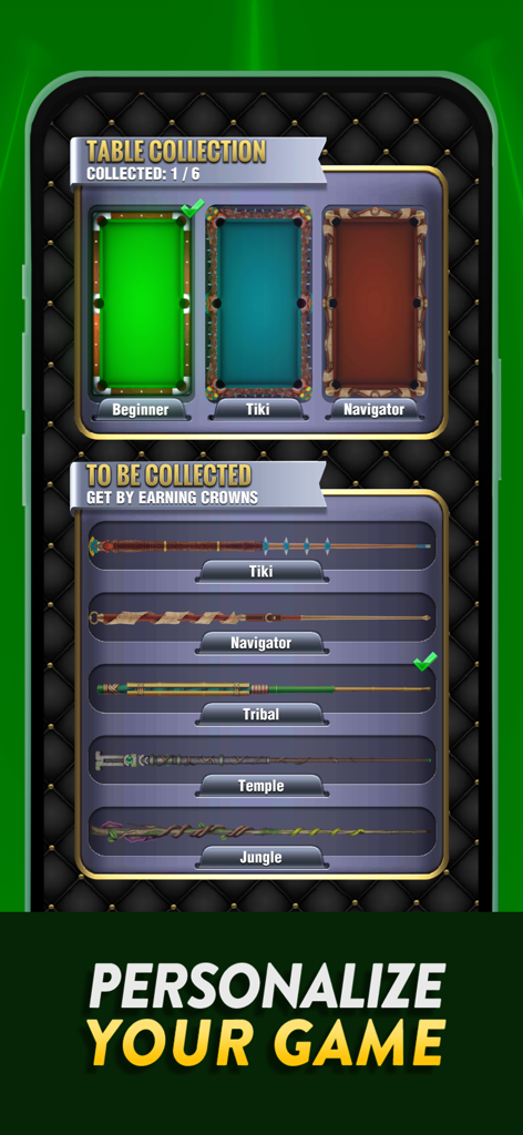 Personalize your pool game with custom tables and cues in the Pool Payday app menu