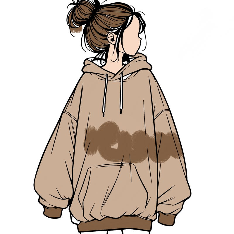 realistic girl with a oversized sweatshirt on and a bun