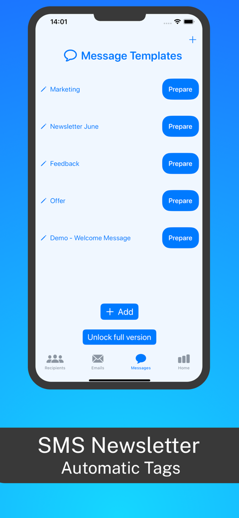 SMS Newsletter: Send bulk sms - Schermata dell'app mobile Newsletter SMS che mostra un elenco di modelli di messaggi inclusi marketing e opzioni di feedback