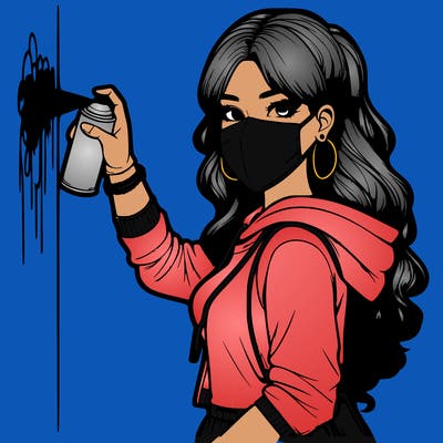 realistic girl with mask spray painting a wall